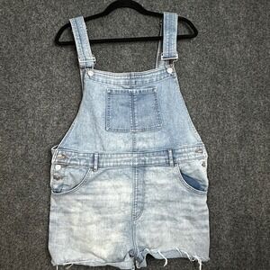 Express Light Wash Denim Shortalls Womens Large Raw Hem Bib Overalls Blue L